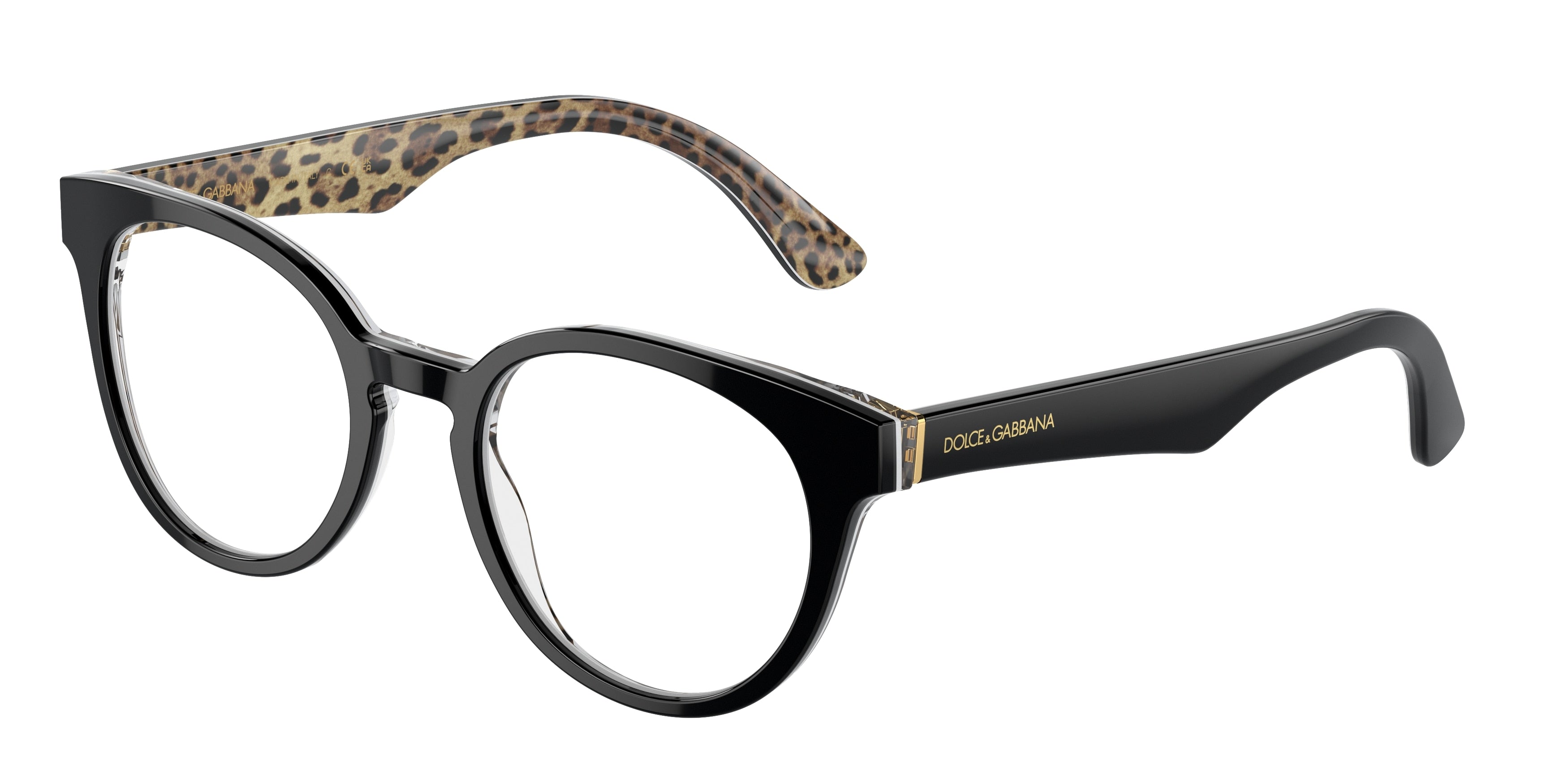 DOLCE & GABBANA DG3361 Round Eyeglasses  3299-Black On Leo Brown 48-145-20 - Color Map Black