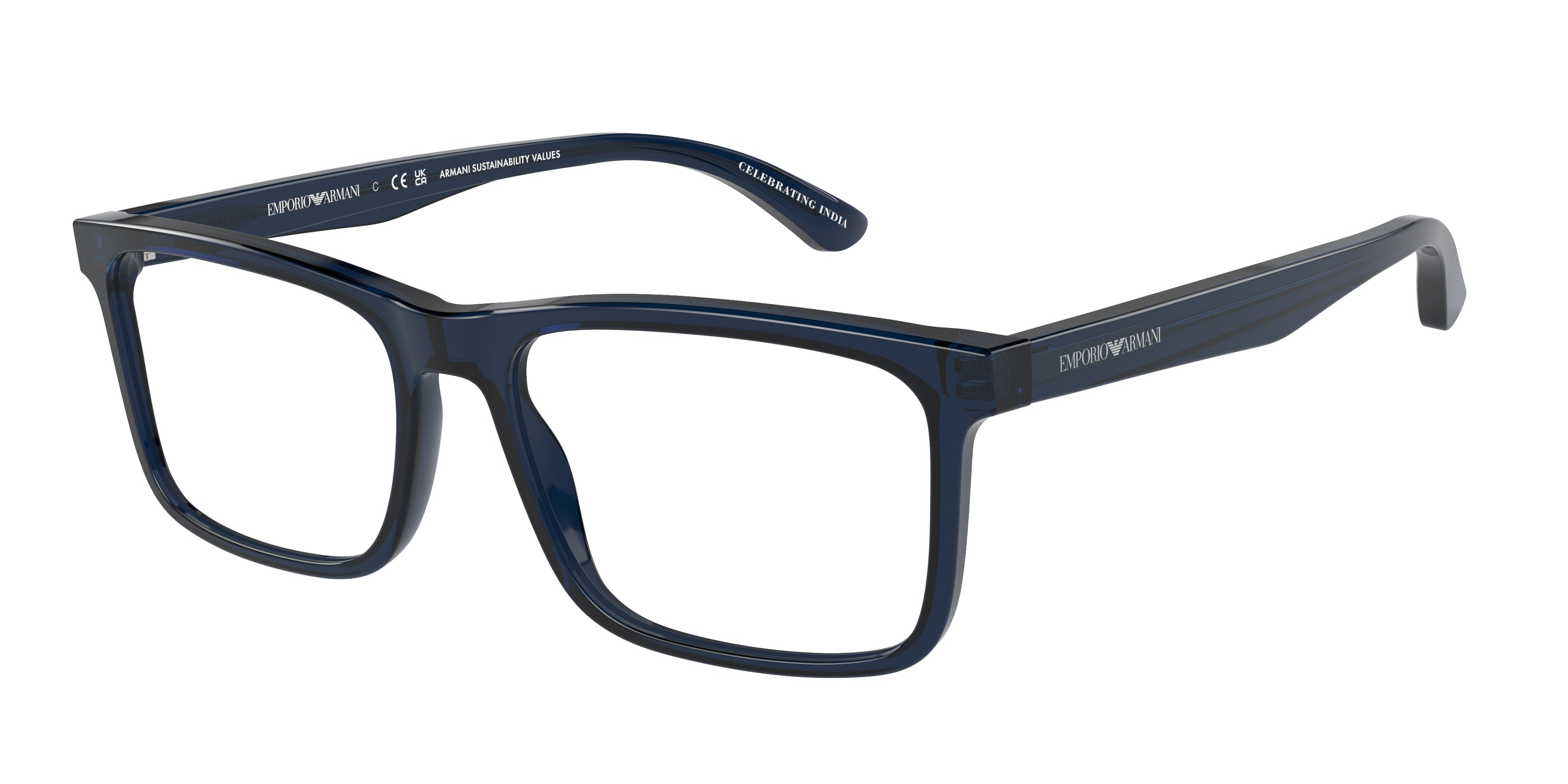 Emporio Armani EA3227 Pillow Eyeglasses  6047-Shiny Transparent Blue 54-145-17 - Color Map Blue