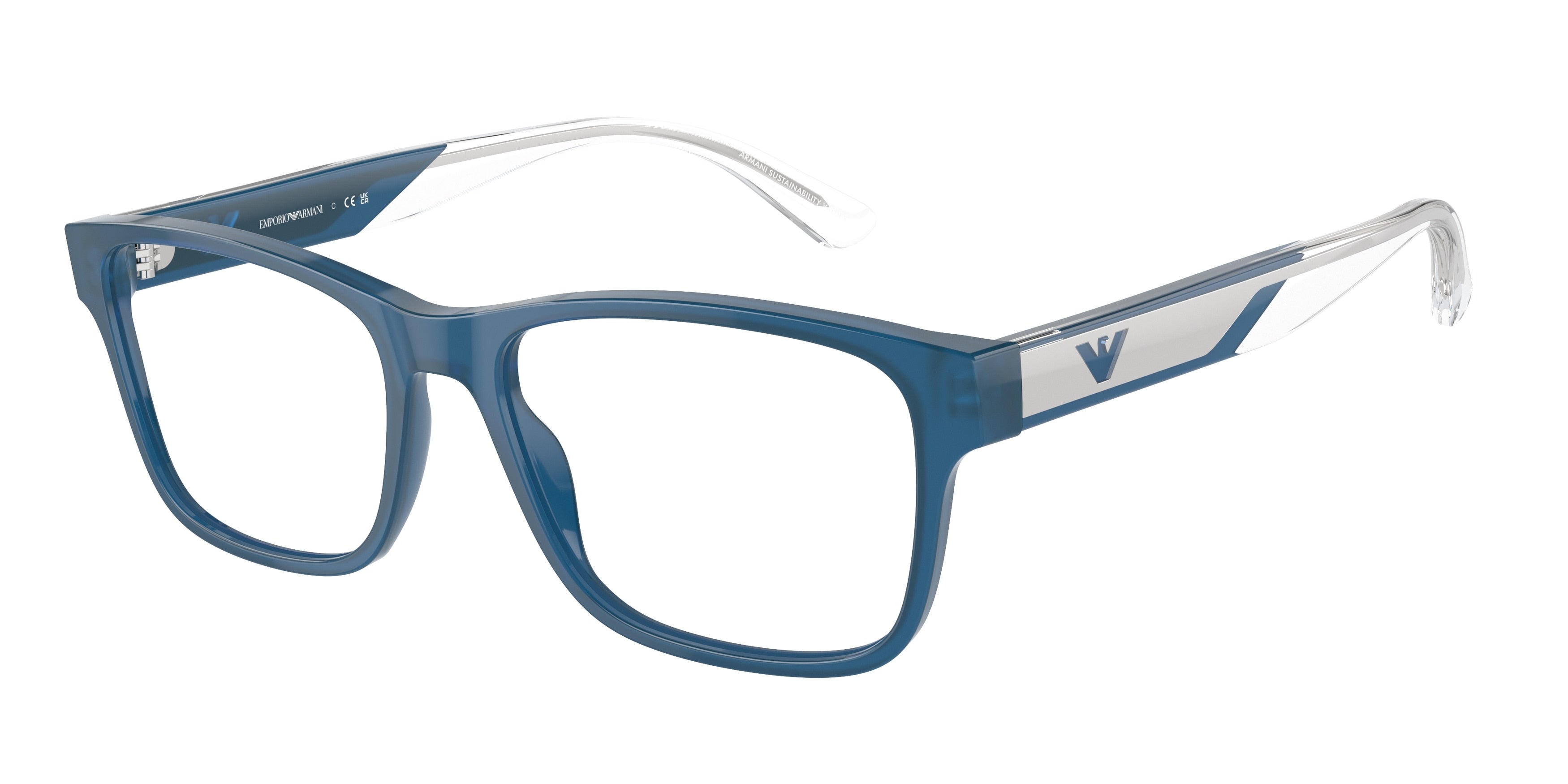 Emporio Armani EA3239F Rectangle Eyeglasses  6092-Shiny Opaline Blue 55-145-17 - Color Map Blue