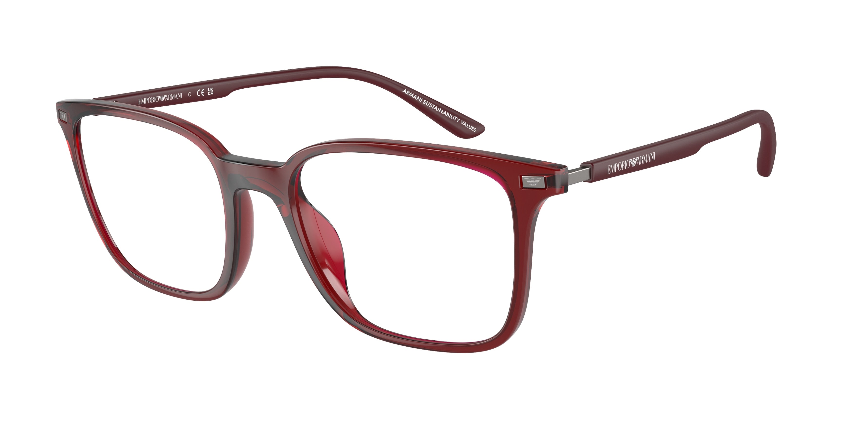 Emporio Armani EA3242U Square Eyeglasses  6109-Shiny Transparent Bordeaux 54-145-19 - Color Map Red