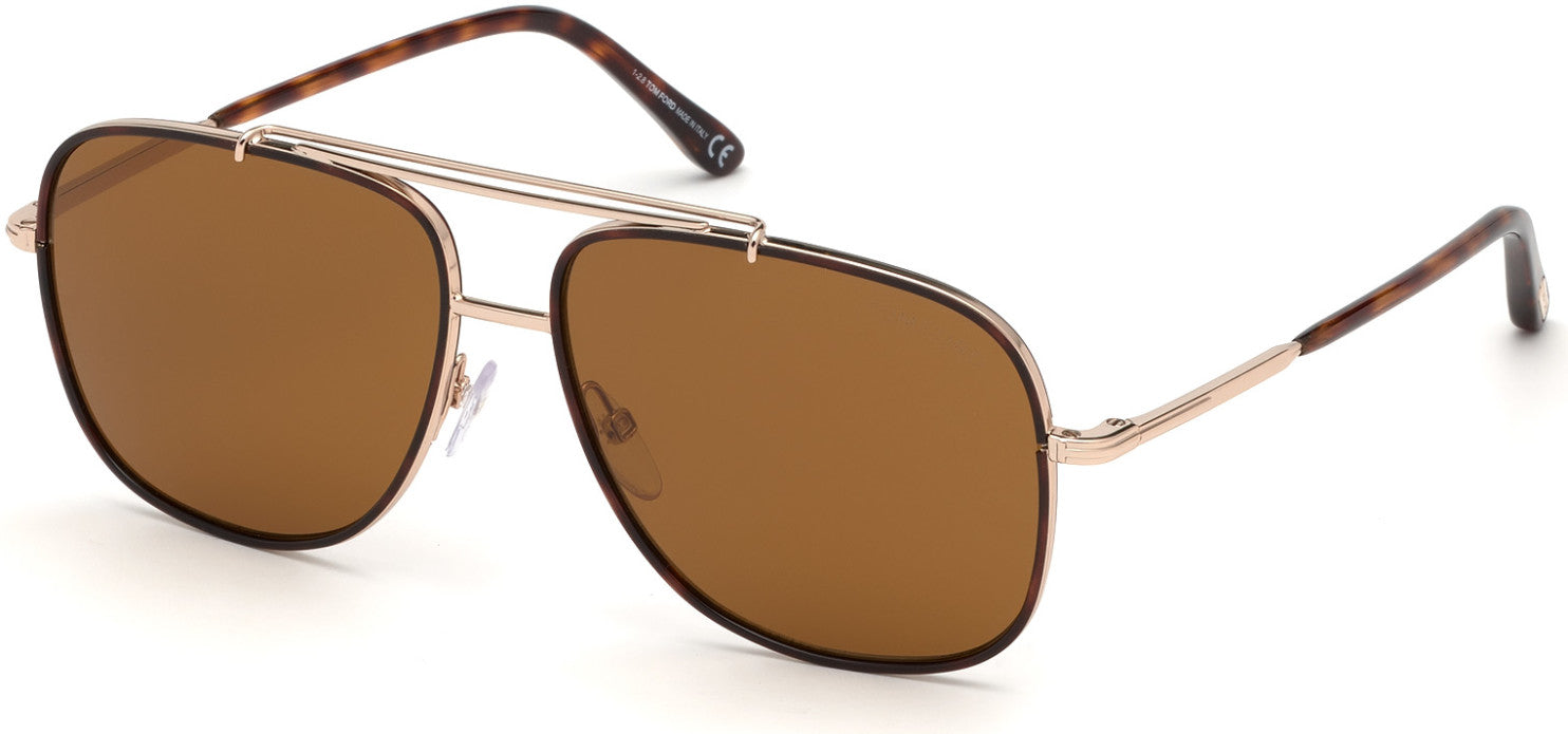 Tom Ford FT0693 Benton Geometric Sunglasses 28E-28E - Shiny Rose Gold, Red Havana Acetate Rims/ Vintage Brown Lenses