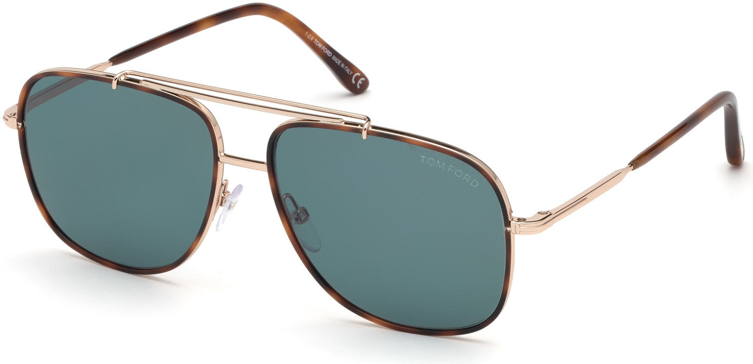 Tom Ford FT0693 Benton Geometric Sunglasses 28V-28V - Shiny Rose Gold, Classic Havana Acetate Rims/ Vintage Blue Lenses