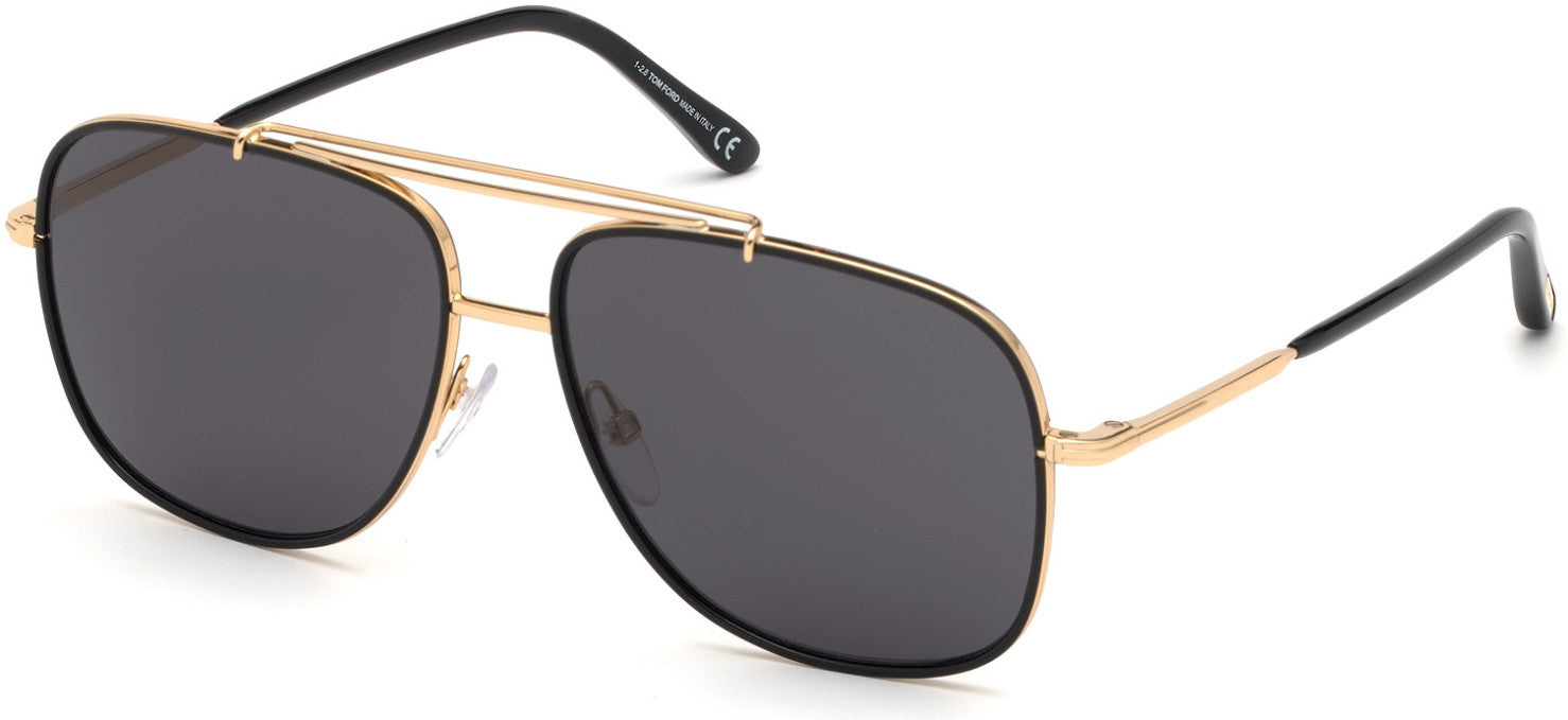 Tom Ford FT0693 Benton Geometric Sunglasses 30A-30A - Shiny Yellow Gold, Black Acetate Rims/ Smoke Lenses