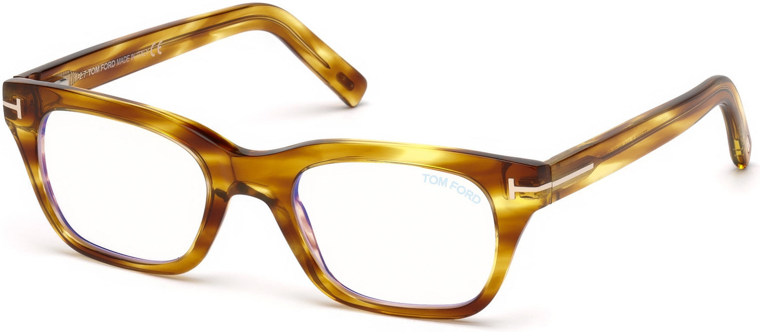 Tom Ford FT5536-B Geometric Eyeglasses 045-045 - Shiny Striped Light Brown/ Blue Block Lenses