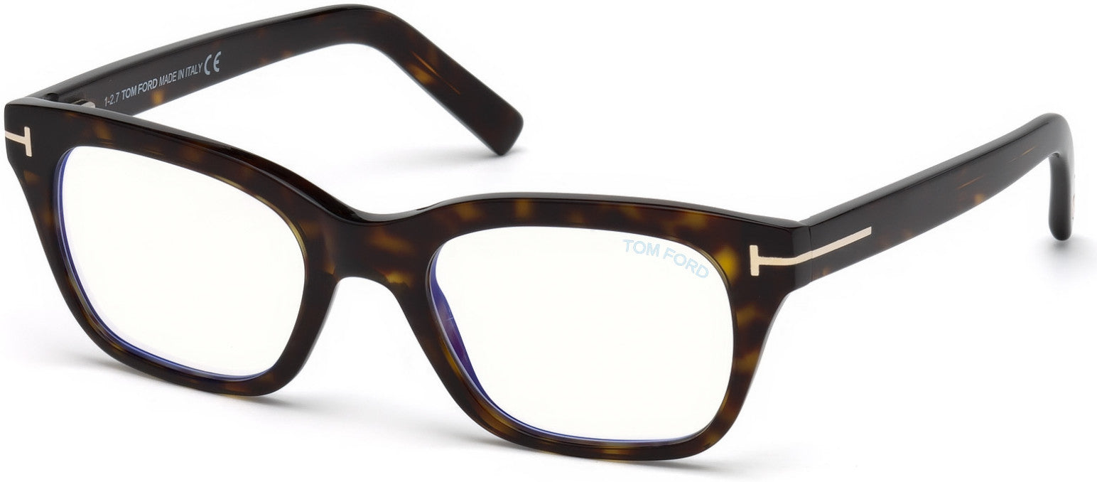 Tom Ford FT5536-B Geometric Eyeglasses 052-052 - Shiny Dark Havana/ Blue Block Lenses