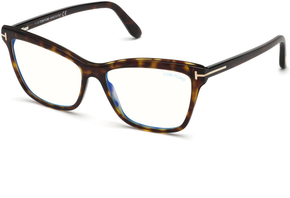 Tom Ford FT5619-B Square Eyeglasses 052-052 - Shiny Classic Dark Havana/ Blue Block Leneses