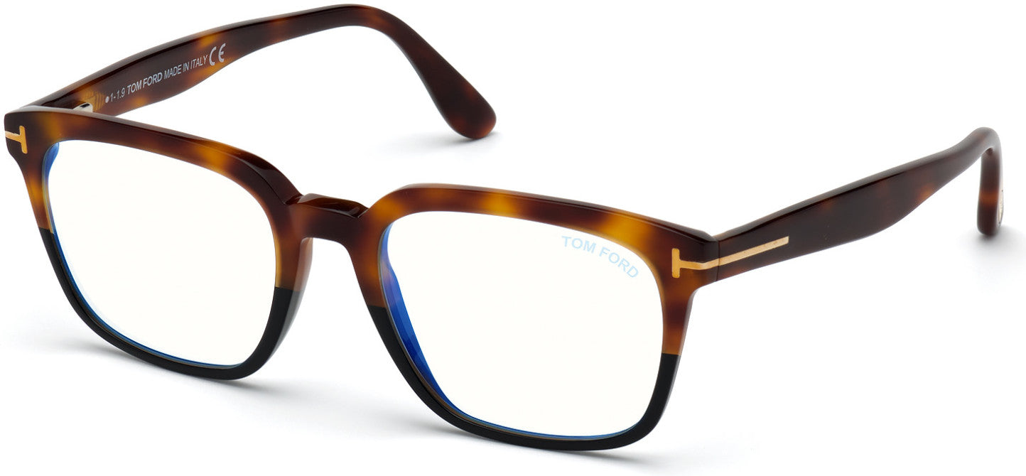 Tom Ford FT5626-B Square Eyeglasses 056-056 - Shiny Classic Havana Gradient  Cut To Black/ Blue Block Lenses