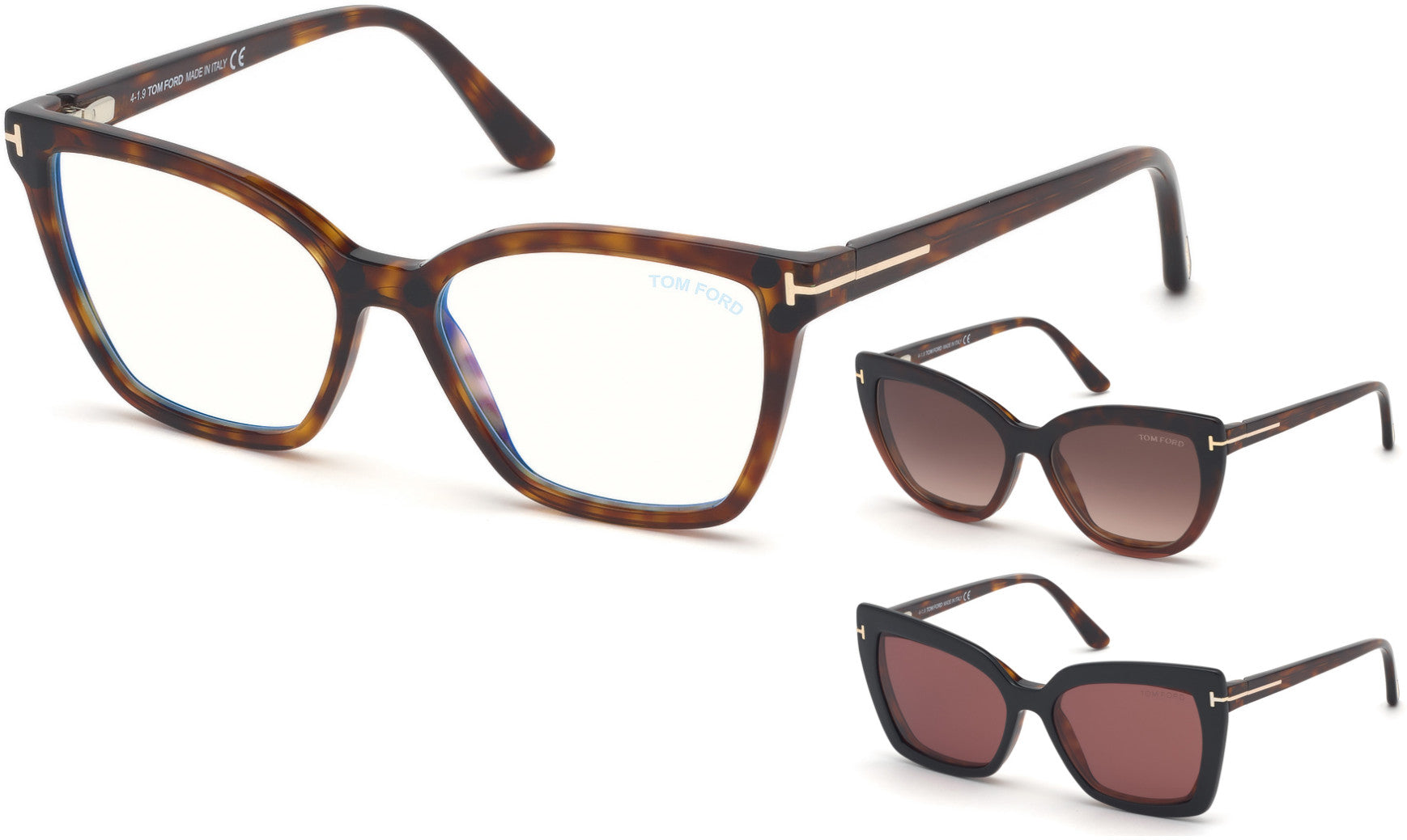 Tom Ford FT5641-B Square Eyeglasses 054-054 - Red Havana, Blue Block/ Clips: Black & Burgundy, Havana-To-Rose & Wine