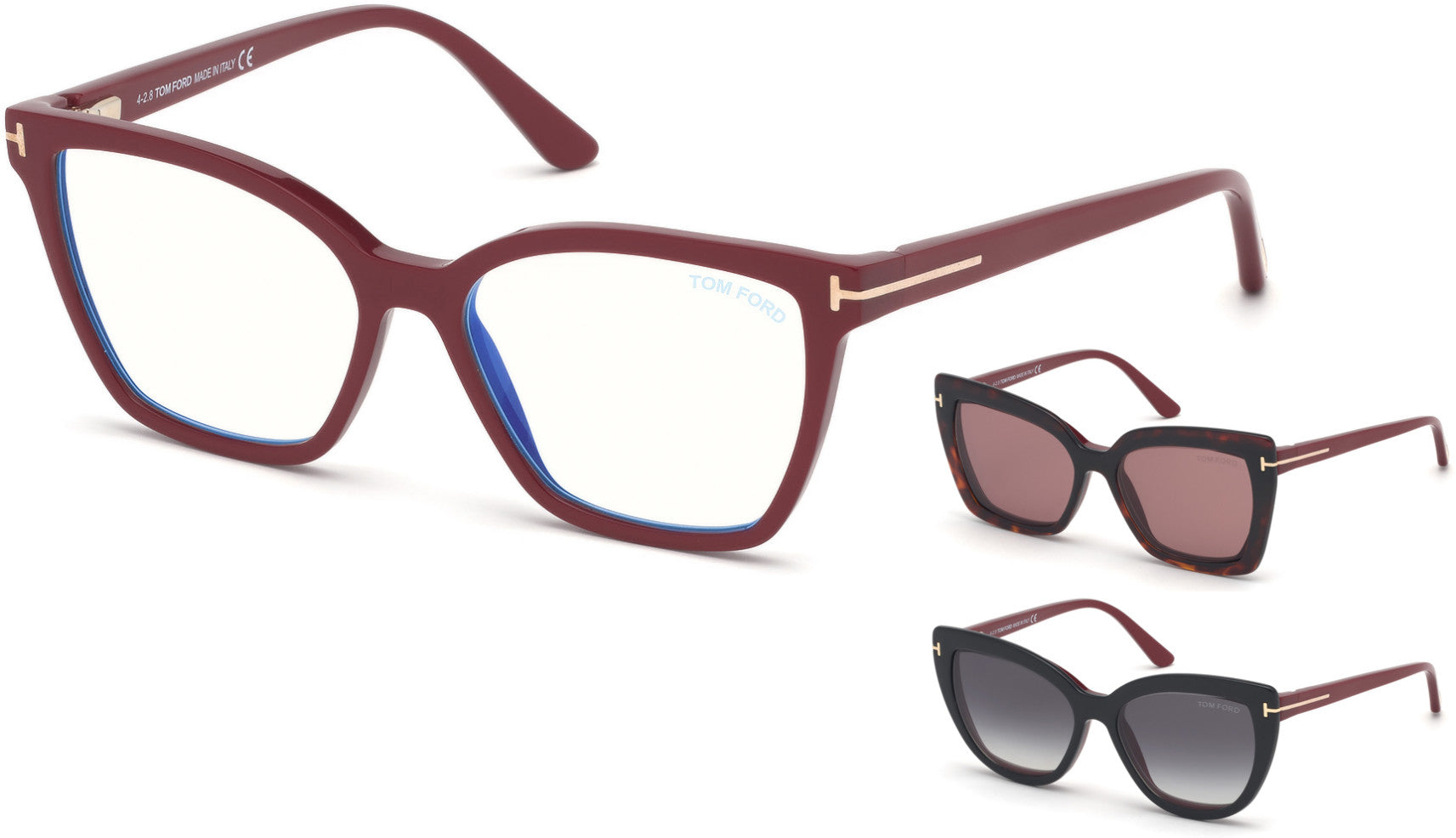 Tom Ford FT5641-B Square Eyeglasses 075-075 - Fuchsia, Blue Block/ Clips: Red Havana & L. Brown, Black & Grad. Smoke