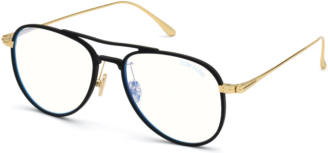 Tom Ford FT5666-B Pilot Eyeglasses 002-002 - Matte Black W. Shiny Yellow Gold/ Blue Block Lenses