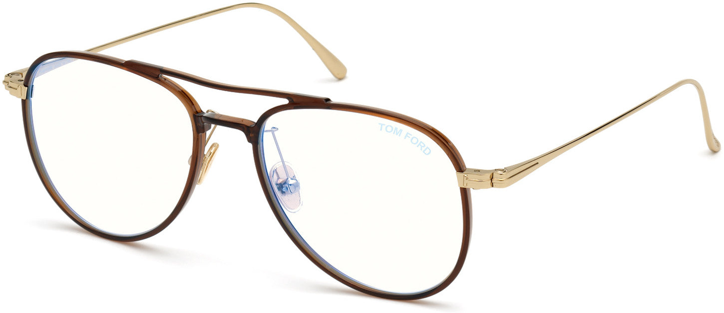 Tom Ford FT5666-B Pilot Eyeglasses 048-048 - Shiny Transparent Dark Brown W. Shiny Rose Gold/ Blue Block Lenses