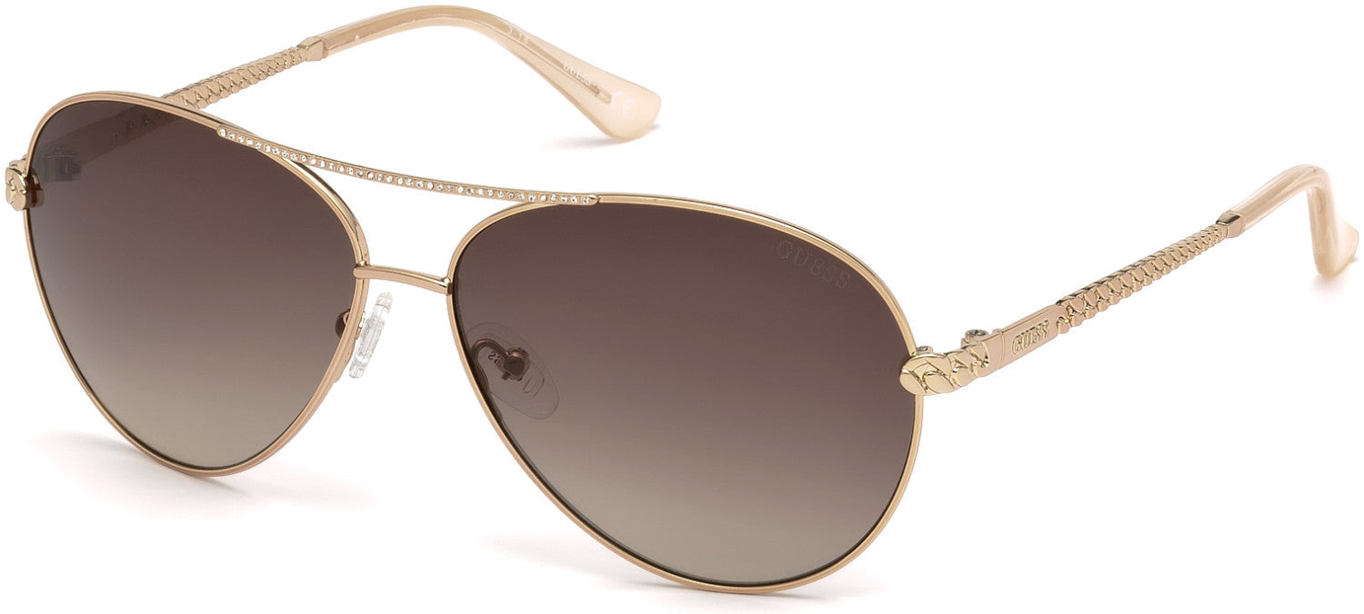 Guess GU7470-S Pilot Sunglasses 28F-28F - Shiny Rose Gold With Crystal Stones/brown Gradient Lens