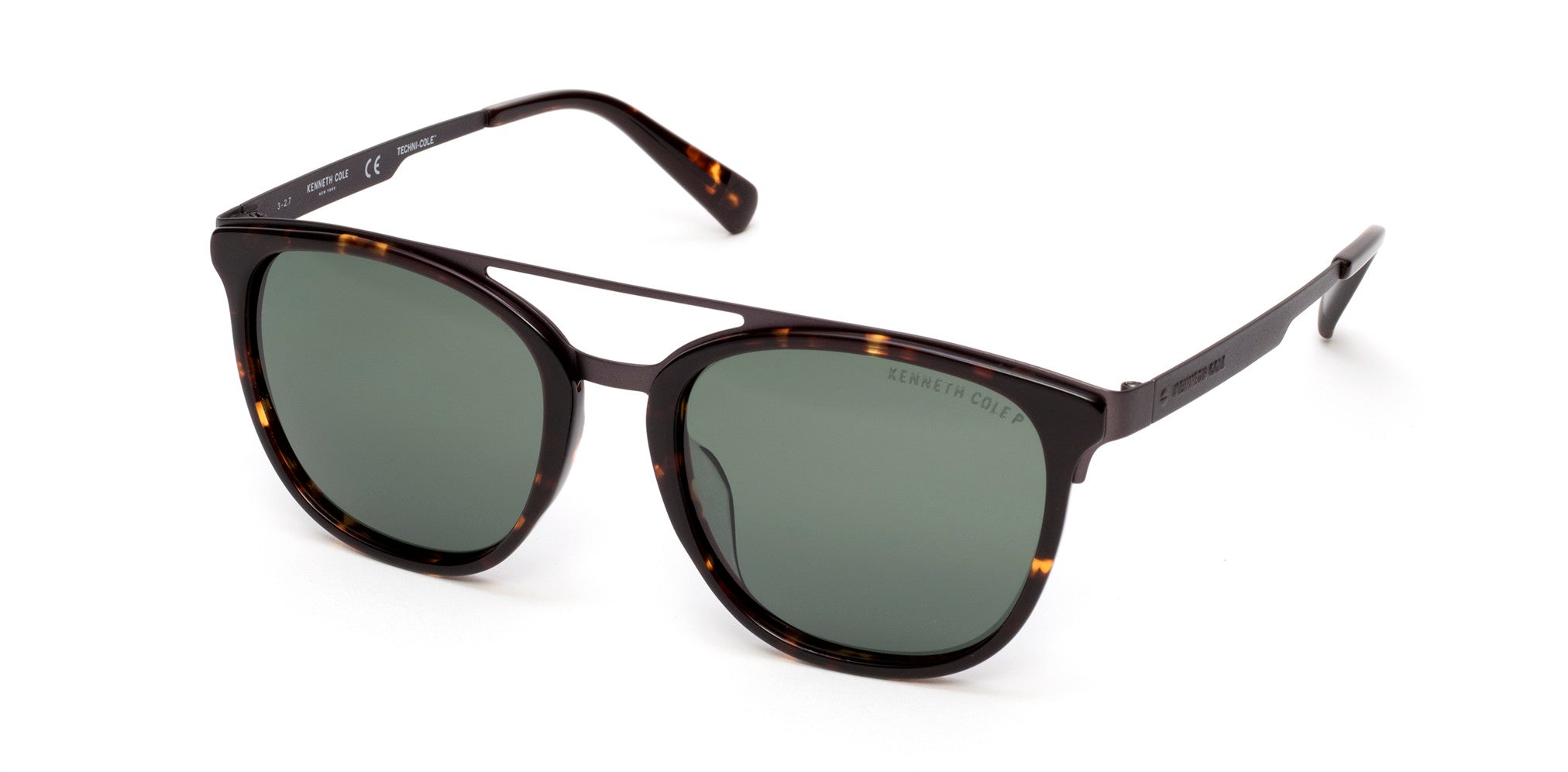 Kenneth Cole New York,Kenneth Cole Reaction KC7225 Geometric Sunglasses 52R-52R - Dark Havana / Green Polarized Lenses